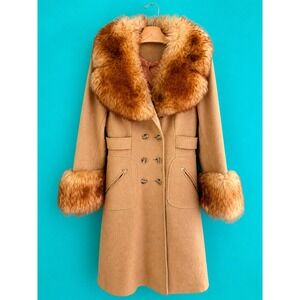 Vintage 70s Penny Lane Coat Fur Collar Camel Boho Shearling 60s Small